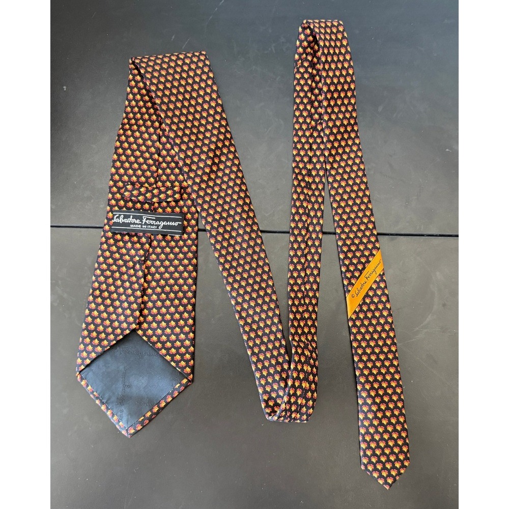 Salvatore Ferragamo Mens Silk Tie Navy Blue Orange Yellow Geometric Leaf Italy